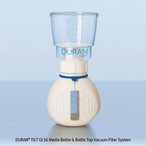 DURAN® TILT GL56 Media Bottle & Bottle Top Vacuum Filter System, Unique 45° TILT Position, 500㎖ with White GL56 PP Screwcap, 2-positioned Bottom, Borosilicate α3.3 glass, GL56 틸트 바틀 & 진공 여과장치