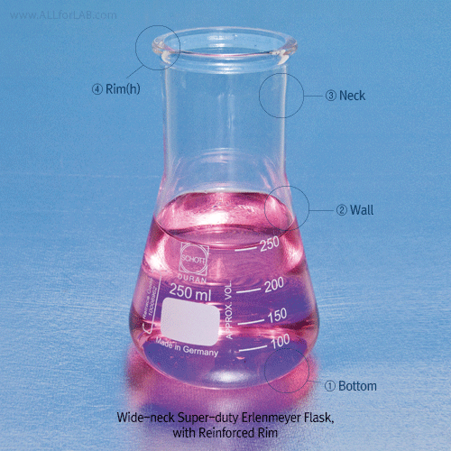 DURAN® Batch-certificated Super-Duty Erlenmeyer Flasks, with Reinforced Rim, 25~5000㎖ Ideal for Impact Resist., Boro-glass 3.3, DIN/ISO/ UPS / 슈퍼듀티 삼각 플라스크