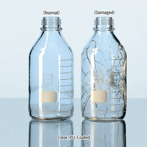 DURAN® Safety Plastic PU-Coated Lab Bottle, With/Without GL Cap & Pour-Ring, Clear & Amber, 25~20,000㎖ Boro-glass 3.3, with Graduation & DIN GL-Screwthread, Autoclavable, -30℃~+135℃ / 안전플라스틱 코팅 랩바틀